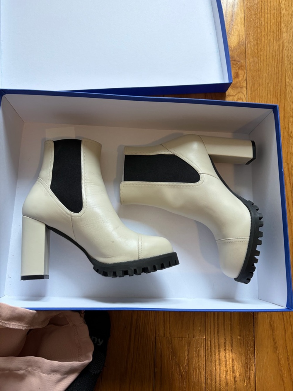 Stuart Weitzman Cream Leather Lug-Sole Chelsea Block-Heel Booties